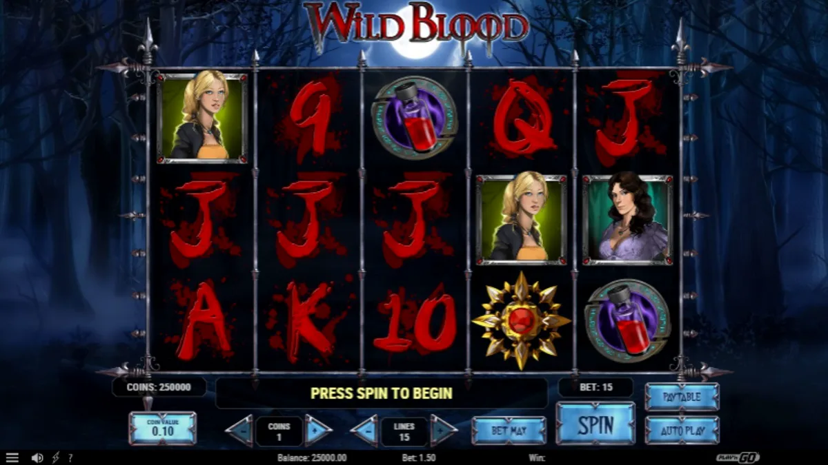 Tampilan visual slot Wild Blood dengan tema gothic dan simbol vampir